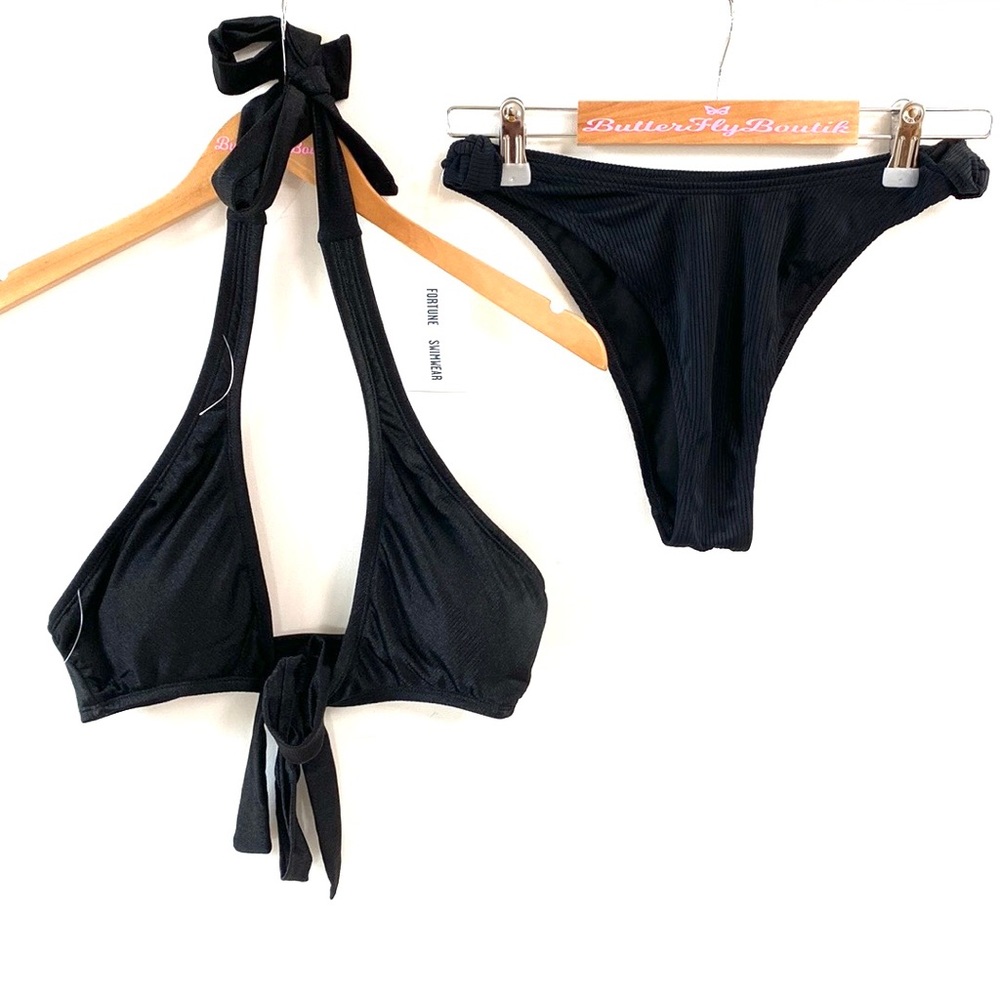 (A55)‎ Fortune black Halter and Cheeky Bikini swimwear, Size Small, NWT
